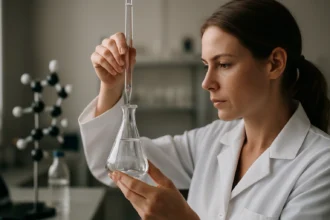 Tudós laboratórium járműben, kémiai reakciót vizsgálva.