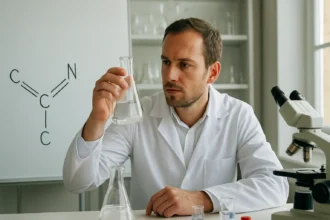 Kémikus vinil-cianiddal dolgozik laboratóriumban
