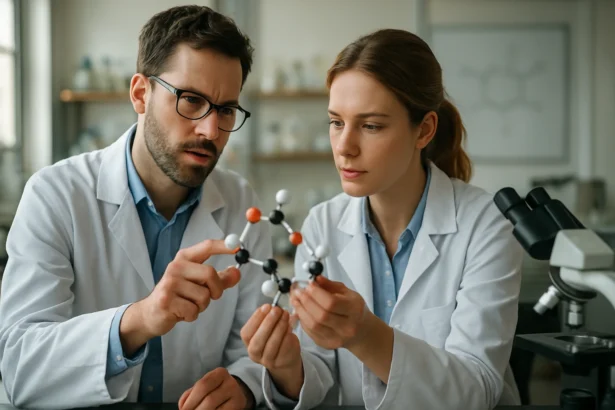 Két kutató a vinilcsoport szerkezetét elemzi kémiai laboratóriumban.