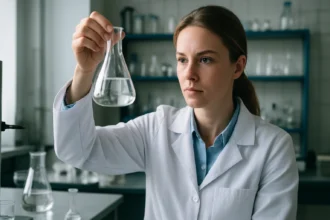 Laboratóriumi kísérlet folyik, fiatal tudós vizsgál egy flakont.