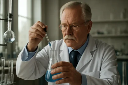Egy vegyész laborban kék folyadékot készít el egy flakonnal.