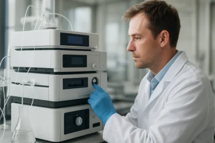 Kémikus vízgőz alkalmazásával dolgozik kromatográfiás berendezésen.