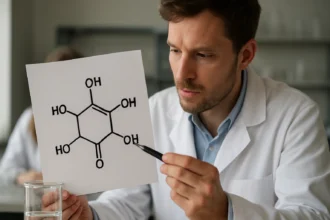 Kutató elemzi a 3R,4R‑1,3,4,5‑tetrahidroxipentán‑2‑on kémiai szerkezetét.