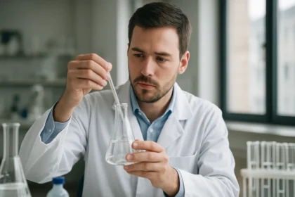 Kémikus vizes savakat vizsgál laboratóriumban