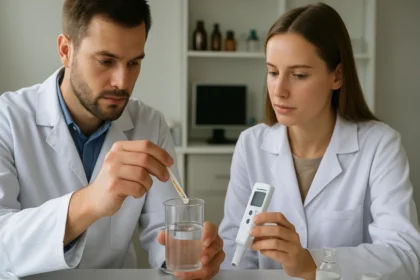 Két tudós vízmintát tesztel a vízkeménység méréséhez laboratóriumban.