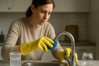 Nő vízkő eltávolítása egy csapról, tisztítószerekkel és szivaccsal.