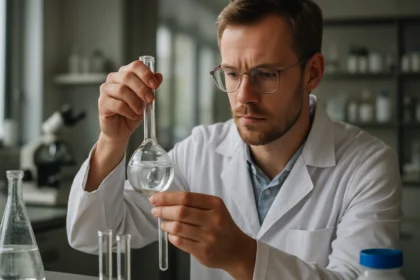 Kémikus vízüveg kémiai tulajdonságait vizsgálja laboratóriumban.