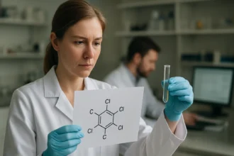 Kémikus a tetrachlorodibenzo-p-dioxin képletét vizsgálja laboratóriumban.
