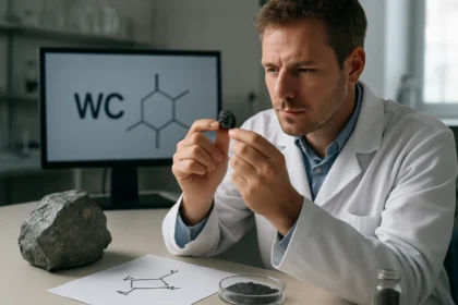 A kémikus a volfram-karbidot vizsgálja laboratóriumban.