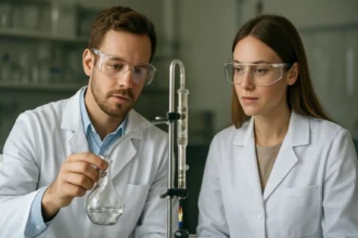 Két tudós kémiai reakciót végez egy laborban.