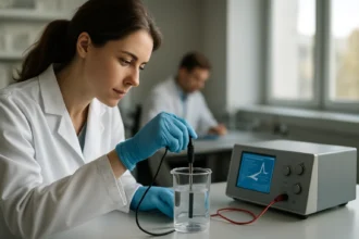 Kémikus voltametriai elemzés során, laboratóriumi berendezésekkel.