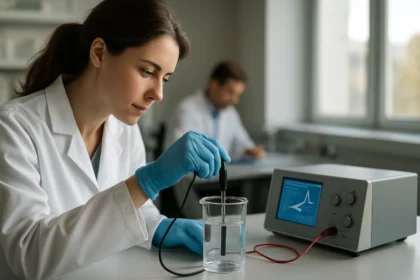 Kémikus voltametriai elemzés során, laboratóriumi berendezésekkel.