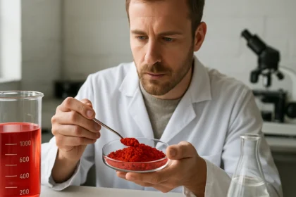 Kémikus vörös ólmot vizsgál a laboratóriumban