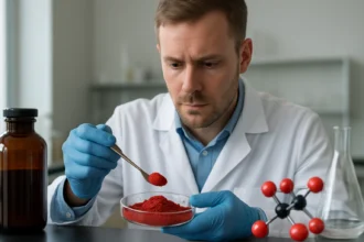 Kémikus vörös ólom-oxidot vizsgál egy laboratóriumban