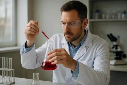 Vegyész laboratóriumi kísérletet végez vörös oldattal