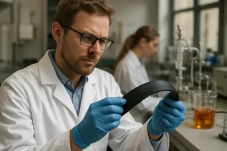 A laboratóriumi szakember a vulkanizált gumi vizsgálata közben