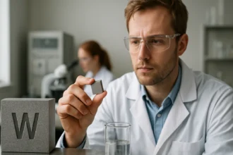 Kémikus volfrámot vizsgál a laborban, a vegyjel W látható.