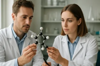 Kémikusok tetraéderes molekula modellel kísérleteznek