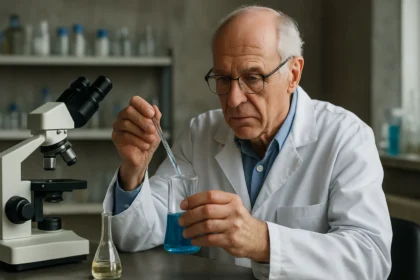 Idős tudós laboratóriumban kémiai kísérletet végez.