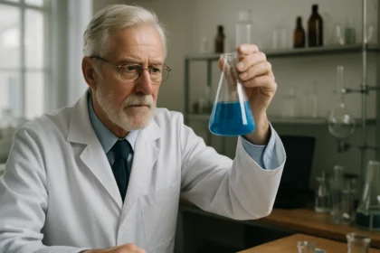 Idősebb tudós laboratóriumban kék folyadékot tart a kezeiben.