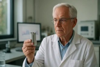 Idősebb tudós, aki lítiumion-akkumulátort vizsgál laboratóriumban.