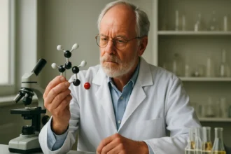 Kutató a kémiai molekulamodellel egy laborban