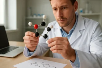 Kutató laboratóriumban a tetrahidroxipentanal molekuláris modelljét tartja.