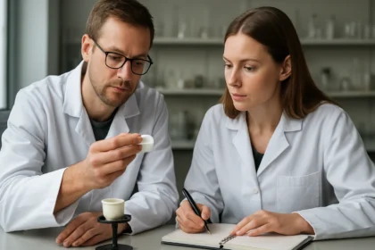 Két kutató mikroszkópos zománcot vizsgál laboratóriumban