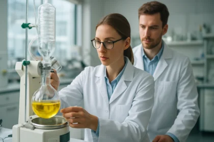 Két kutató a zsíredényesítés technológiáját vizsgálja laboratóriumban