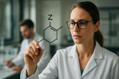 Női kutató Z-stílusú képletet ábrázol a laborban.