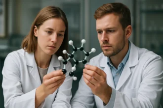 Két tudós vizsgál egy molekulamodelt az izomerről.