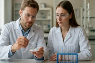 Két kutató laboratóriumi munkában, Zylon anyaggal foglalkozva.