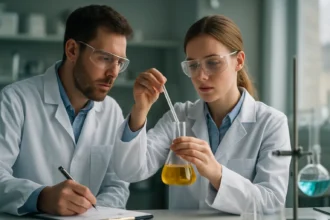 Két tudós a Zeisel-reakció kísérletét végzi laboratóriumban.