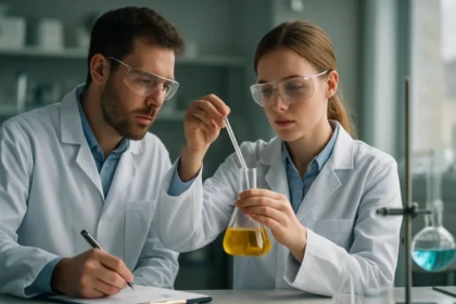 Két tudós a Zeisel-reakció kísérletét végzi laboratóriumban.