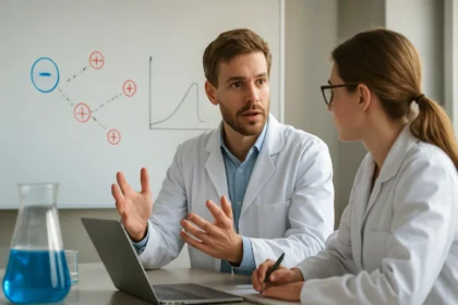 Két tudós diskurál a zéta-potenciál jelenségéről laboratóriumi környezetben.