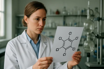 A tetraklór-etén molekula képlete analízis közben egy laboratóriumban.