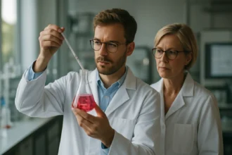 Kémiai laboratórium, etilén oligomerizációs kísérletet végző kutatók.