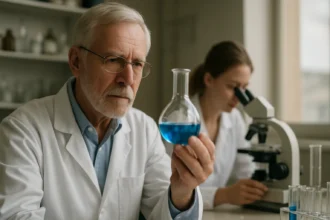 Idős tudós laboratóriumban kék folyadékot vizsgálva