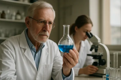 Idős tudós laboratóriumban kék folyadékot vizsgálva