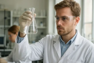 Laboratóriumi kísérlet xilollal végző vegyész.