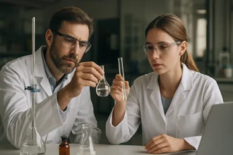 Kémikusok a dezacetilezési folyamat vizsgálata során laboratóriumban.