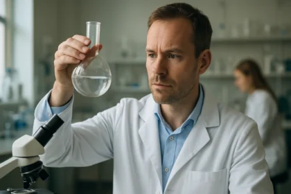 Kémikus laboratóriumban, kémcsövet vizsgálva