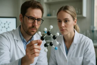 Két vegyész a zártszénláncú vegyületek modellezésén dolgozik.