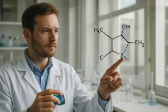 Kémikus laboratóriumban, Zeise-só szerkezetét bemutatva.