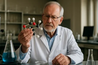 Idős férfi laboratóriumban szerves vegyület modellel