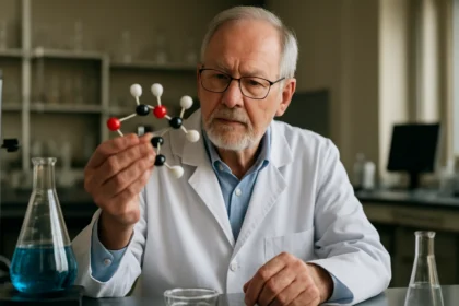 Idős férfi laboratóriumban szerves vegyület modellel
