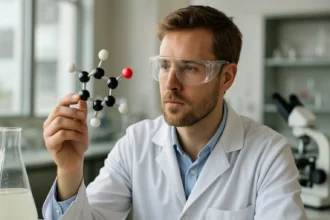 Kutató a xantángumi molekuláris struktúráját vizsgálja laboratóriumban.