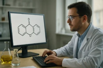 Kémikus dolgozik egy monitor előtt, Xanton képlet látható a képernyőn.