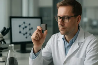 Kutató vizsgál egy volfrám-karbid mintát laboratóriumban.