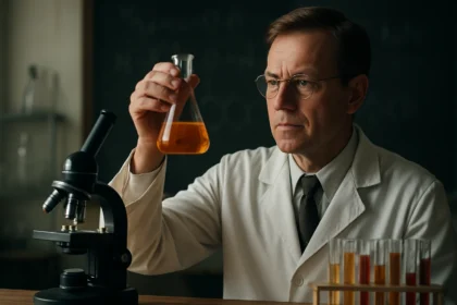 Kémikus laborban, kémcsővel és mikroszkóppal a tudományos kutatás során.